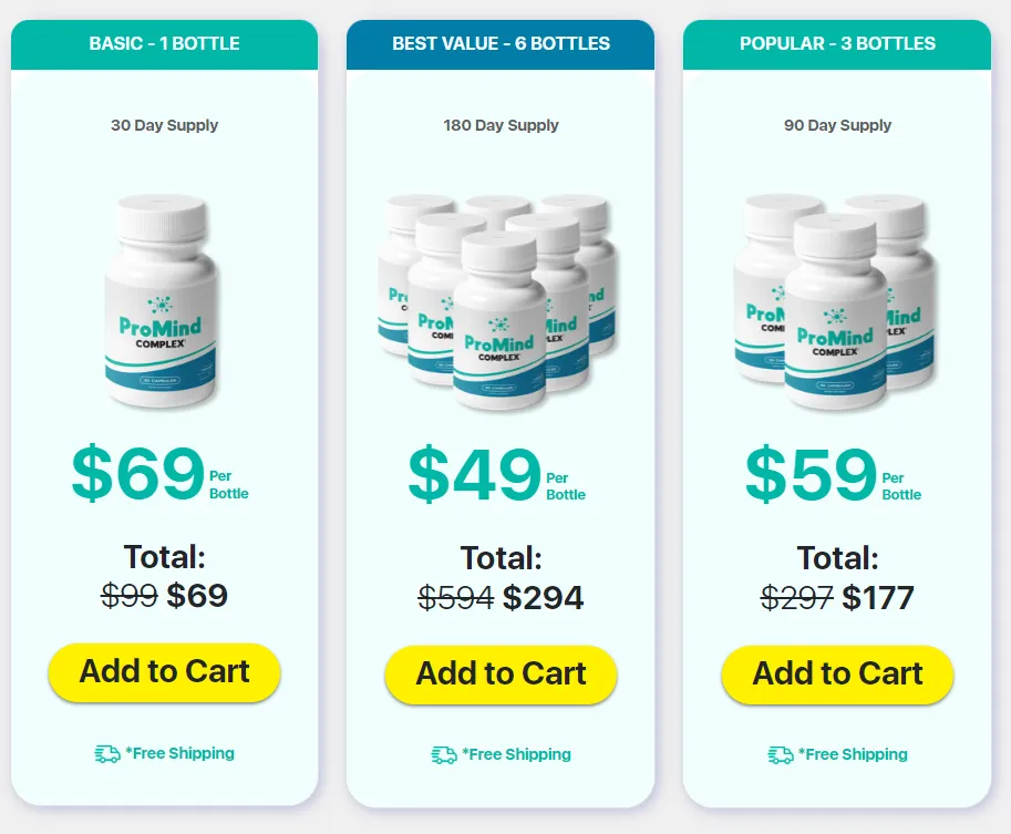 ProMind Complex 1 bottle 3 bottle and 6 bottle pricing packages